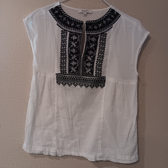 Madewell Womens Gauze Top Xs White Black Embroidered Cotton Boho Hippie Peasant - Picture 2 of 5